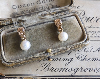 Beautiful Vintage 1990s Sterling Silver Gilt 18ct Gold Plated MORGANITE Genuine Pearl Drop Earrings