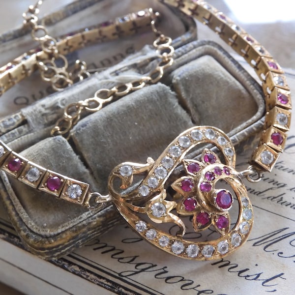 Stunning Vintage 1980s 18ct Gold Plated PINK Sapphire Clear Austrian Crystal Chain Link Necklace