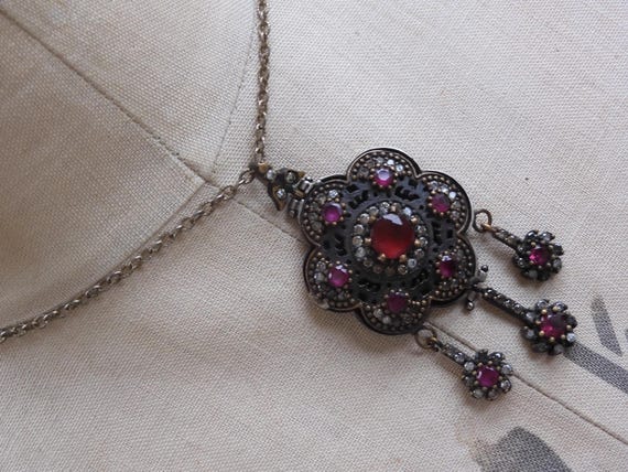 Antique Victorian Ruby Paste Floral Pendant: Ster… - image 10
