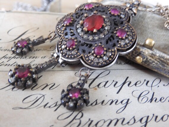 Antique Victorian Ruby Paste Floral Pendant: Ster… - image 3