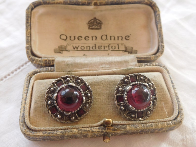 Lovely Decorative Vintage 1960s Purple Glass Cabochon Earrings signed MIRACLE