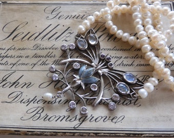 Vintage Pearl Necklace: Sterling Silver Moonstone Amethyst Floral Art Nouveau