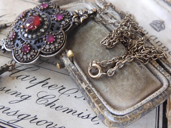 Antique Victorian Ruby Paste Floral Pendant: Ster… - image 5
