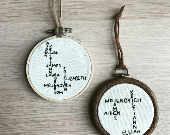 Scrabble Style Hand Embroidered Family Tree Ornaments