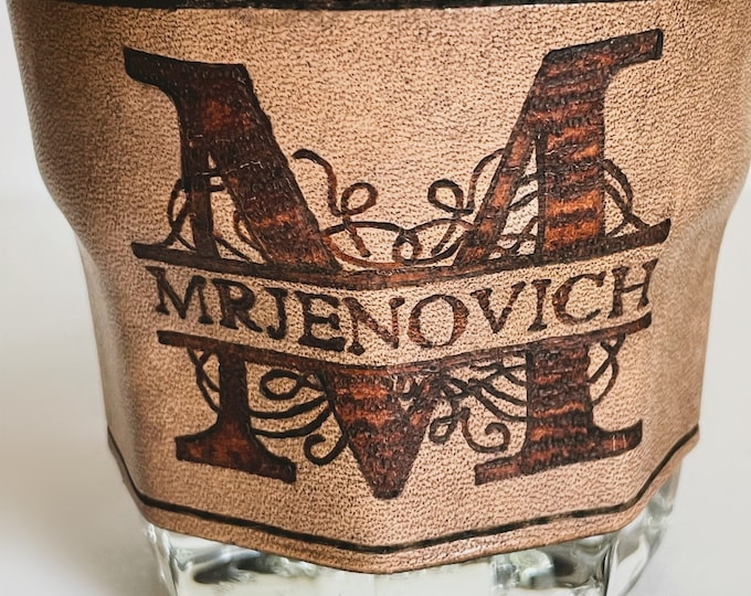 Whiskey Glass with Hand Burned Leather Monogrammed Wrap