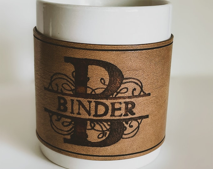 Hand Burned Monogrammed Leather Coffee Mug Wrap