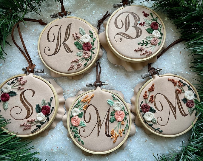 Leather Burned and Hand Embroidered Initial Ornaments