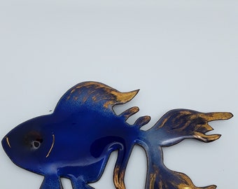 Decoración de pared Pescado azul y oro para interiores o exteriores-esmaltes en artesanías de arte de cobre