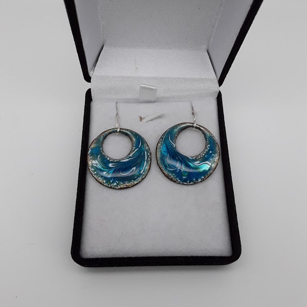 Créoles bleu turquoise- boucles d'oreilles en émaux sur cuivre, fermoirs en argent massif 925/1000 artisanat français