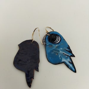 Parrots bleus, boucles d'oreilles fantaisie, émaux sur cuivre et argent image 4