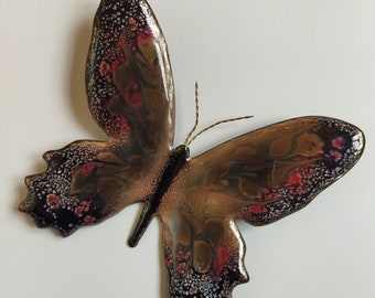 Papillon gris aux ailes dentelées -décoration murale intérieur/extérieur-émaux sur cuivre