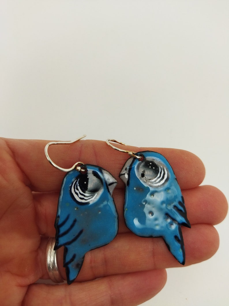 Parrots bleus, boucles d'oreilles fantaisie, émaux sur cuivre et argent image 5