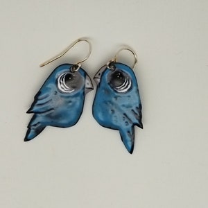 Parrots bleus, boucles d'oreilles fantaisie, émaux sur cuivre et argent image 2