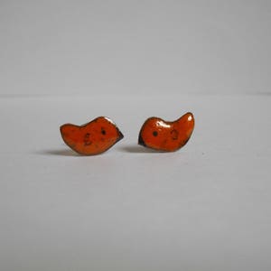 Little orange birds earrings, enameled copper, handmade by les z'émaux