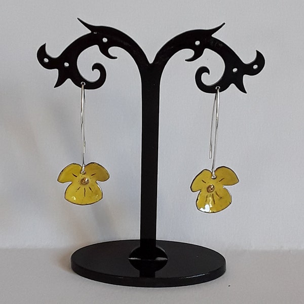 Boucles d oreilles pendantes fleurs jaunes "Pensées ", émaux sur cuivre et argent 925/1000, creation Les z'émaux