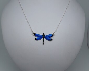 Collier libellule bleue- emaux sur cuivre, paillon d'argent et argent 925/1000- bijou made in France