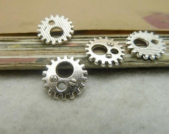 50 mini dijes de engranaje de plata antigua: colgantes de aleación de zinc de 12 mm