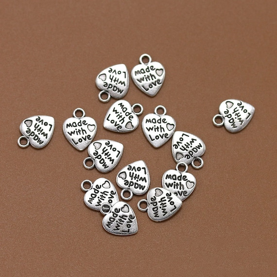 50pcs 12x9mm Antique Silver Made with Love Heart Tags Charm Pendant