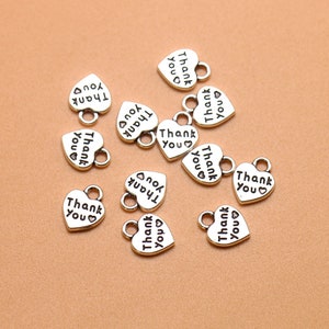 50pcs 10x12mm Antique Silver Thank You Tags Charm Pendant, Thank You Charms Pendant, Thank You Charms Connector, Heart Thank You Charms