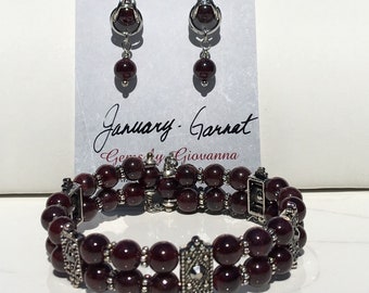 January Garnet Birthstone Bracelet, Gemstone Bracelet and Earring Set, Garnet Gemstone, Gift Set