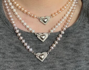 Classic Freshwater Knotted Pearl Earrings and/or Choker Necklace with Silver Heart Magnetic Locking Clasp available in 14”, 16” and 18”