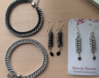 His and Hers Unisex Silver and Black Half Persian Chainmaille Weave Magnetic Locking Bracelet with Safety Chain and Free Earrings