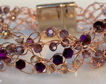 Copper Wire Crochet Crystal Bracelet with Magnetic Clasp