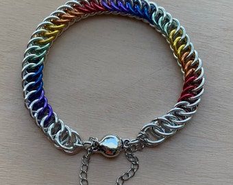 Rainbow Unisex Chainmaille Weave Bracelet with Magnetic Locking Clasp and Safety Chain