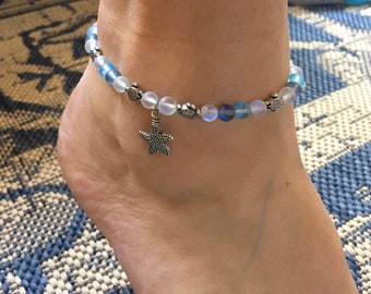 Starfish and Sea Turtle Summer Beach Ankle Bracelet with Rainbow Synthetic Opals and Moonstone beads, Handmade Anklet