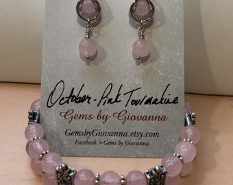 October Pink Tourmaline Birthstone Bracelet, Gemstone Bracelet and Earring Set, Pink Tourmaline Gemstone, Gift Set