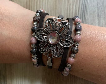 Wraparound Leather Gemstone Flower Bracelet