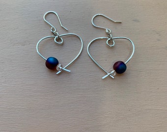 Heart Shape Silver Dangle Earrings with Cranberry-Blue Mix Glass Bead on Anti-Tarnish, Nickel Free, Hand-formed Wire