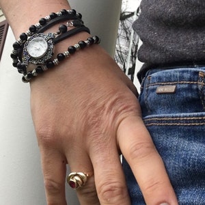 Quartz Watch Leather Wraparound Black Agate Gemstone Bracelet