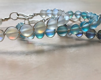 Rainbow Effect Opalescent Beaded Silver Spiral Wire-Wrapped Bracelet Handmade Bracelet