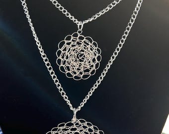 Handmade Silver Wire Crochet Pendant Necklace, 18" Chain