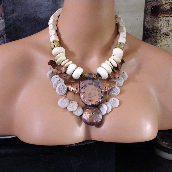 The soul of the stars, Terracotta, stone, African bone, polymer ad solid copper OOAK statement necklace