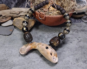 Artifact. Aged stoneware, wood, glass, brass and copper OOAK statement necklace