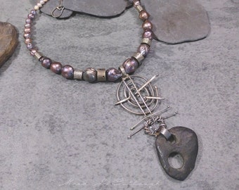 Labyrinth- Sterling, River stone, baroque natural pearls. Unisex, OOAK