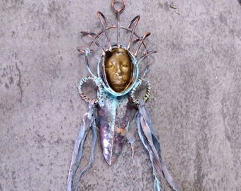 Reef. Bold, Large, One of a kind focal pendant sculpture, figural, copper, concrete, natural patina