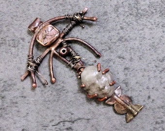 Zumma, OOAK large solid copper, concrete, nickel, stone, figural tribal, brutalist ethnic pendant, unisex, postapo, Mad Max