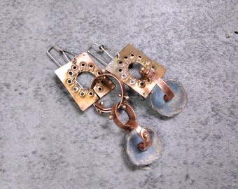 Something else. Transformable asymmetrical copper, stoneware statement earrings