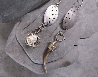 Claws and Time- Solid Sterling, Badger claw, fossil fish vertebrae, OOAK earrings