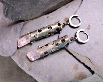 Liquid Earth. Sterling, Kunzite, Industrial Refined OOAK earrings.