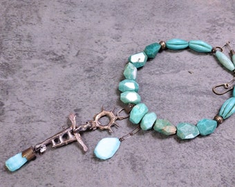 Finding Venus- Solid raw Sterling, Peruvian blue opal, Amazonite, Russian Amazonite, Nepal old beads, one of a kind bold Statement necklace