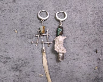 Wild Me, solid Sterling, Natural Turquoise, Natural coral, bone, asymmetrical earrings, one of a kind