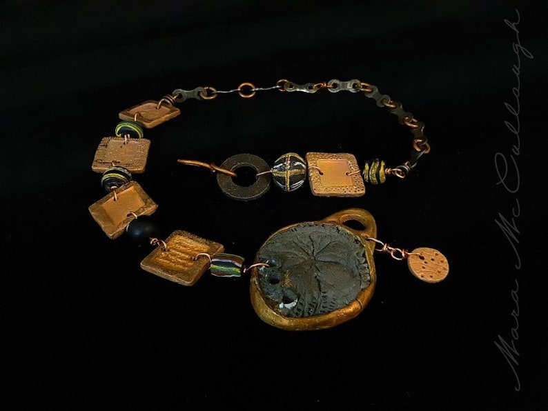 Trade beads for a biker- OOAK copper hand crafted links stoneware and copper ooak focal unisex old African trade beads bike chain links