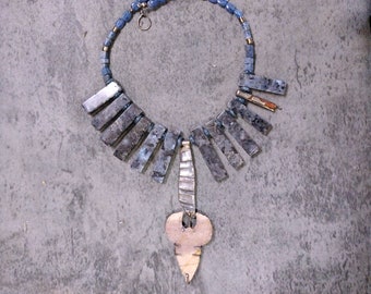 Spark of Fire. Solid Sterling, carved stone, black labradorite, orange kyanite, blue kyanite bold statement modernist urban necklace