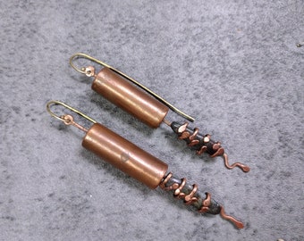 Tubular. Modernist Industrial solid copper and dark blue kyanite earrings, semi asymmetrical, brutalist