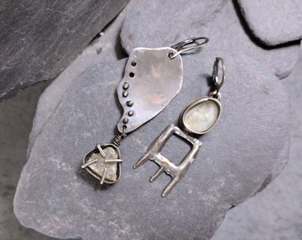 Transitional- Sterling, Silver 900, Lemon calcite, OOAK asymmetrical earrings