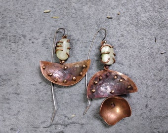 Bell, asymmetrical industrial modernist copper and marble dangle earrings